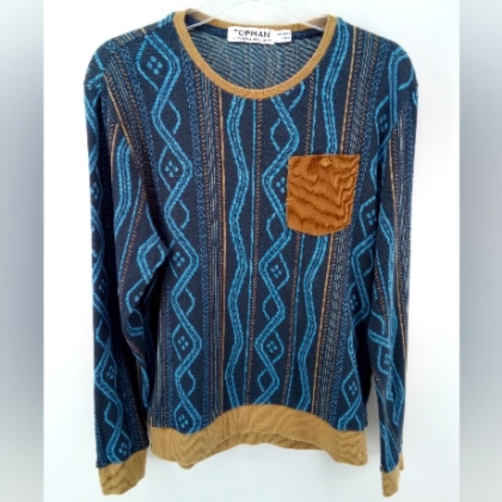 Topman 100% Cotton Argyle Blue Brown Pocket Sweater XS Extra Button Men's